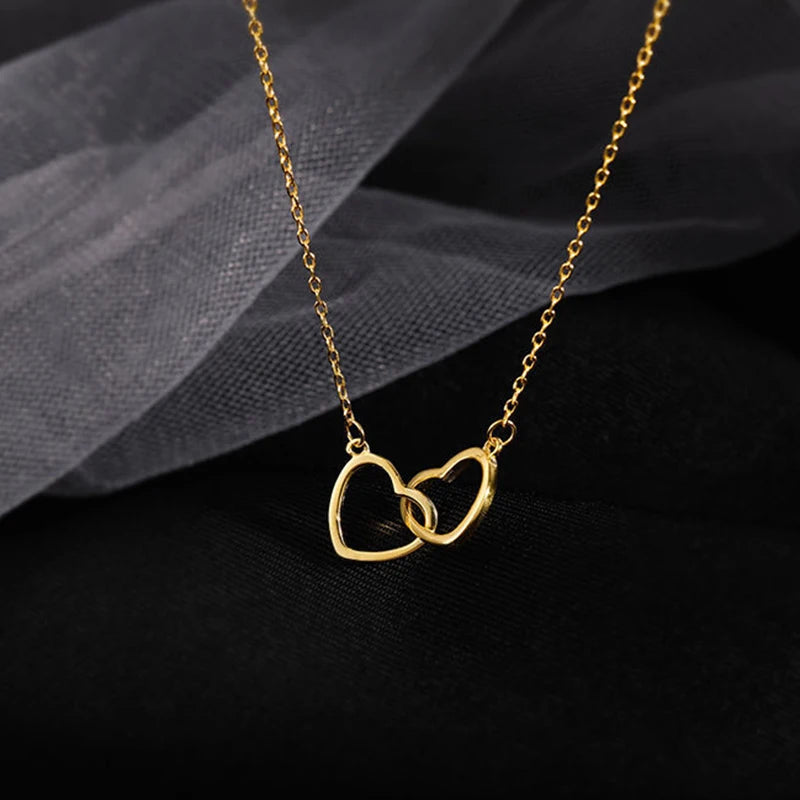 925 Sterling Silver Double Ring Heart Necklace