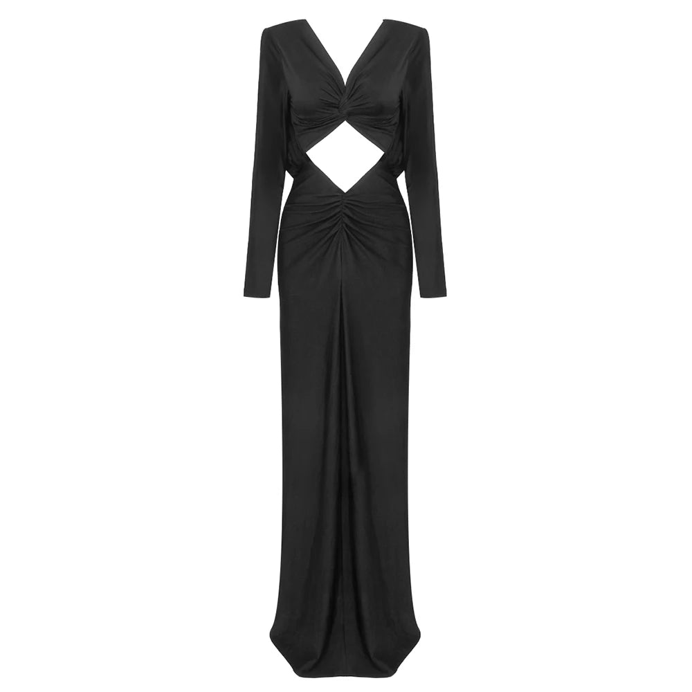 VC Birthday Party Dresses For Women Special Events Sexy V Neck Waist Hollow Out Design Long Sleeves Black Gowns