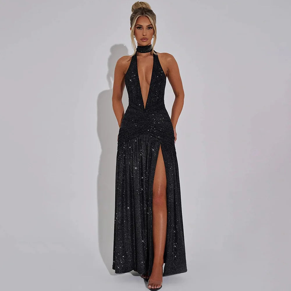 Sexy Evening Dress Halter Hanging Backless Shiny Silk Deep V Hollow Out Sleeveless Spicy Girl Height Slit Dress Women's Clothing