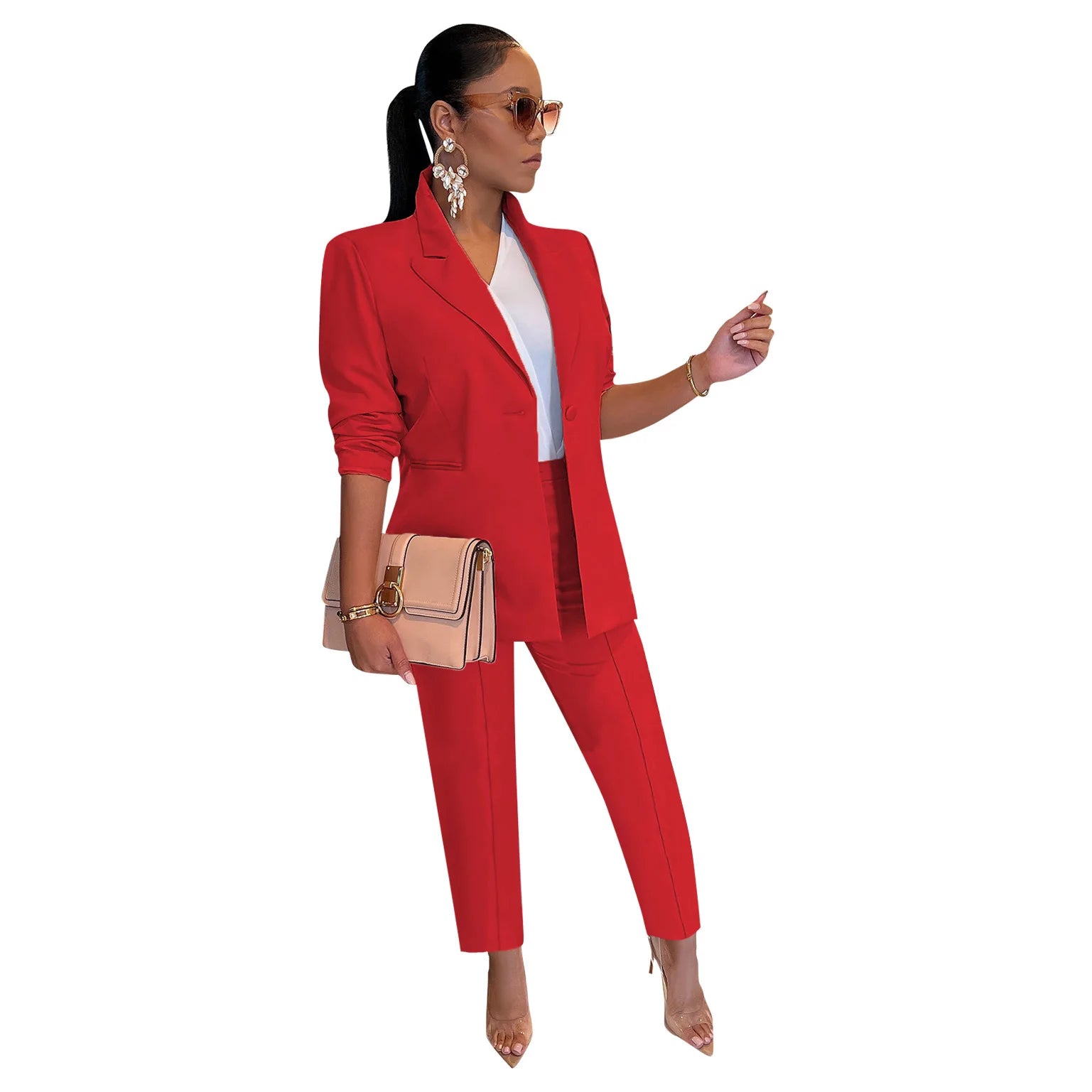 Women's Suit Blazer and Pants Casual Fashion Solid Long Sleeved Versatile Coat Tight Trousers Set Slim Fit Office 2 Piece Suit