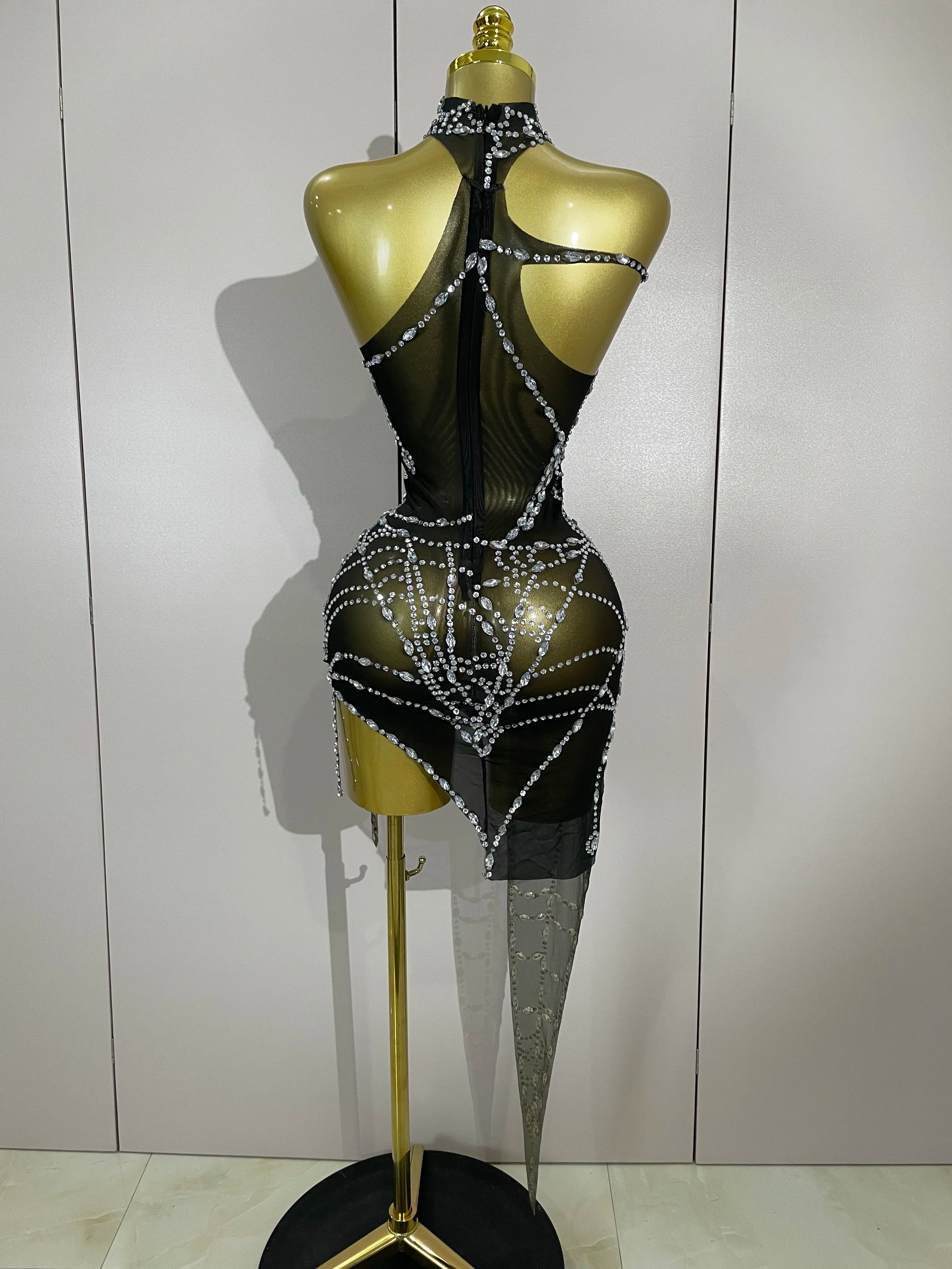 STOCK Sparkly Diamond Sexy Mesh Asymmetric Bodycon Mini Dress Women Nightclub Bar Party Show Gogo Dancer Clothing Stage Costume