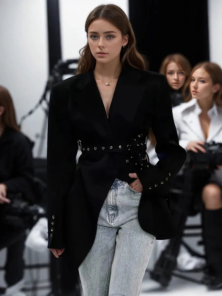 VGH Fashion Patchwork Belts Blazers For Women Notched Collar Long Sleeve Hit Color Casual Temperament Blazer Female Fashion New