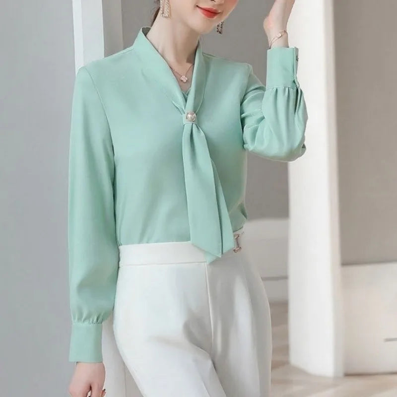 Spring Autumn Bow Tie Collar Blouse