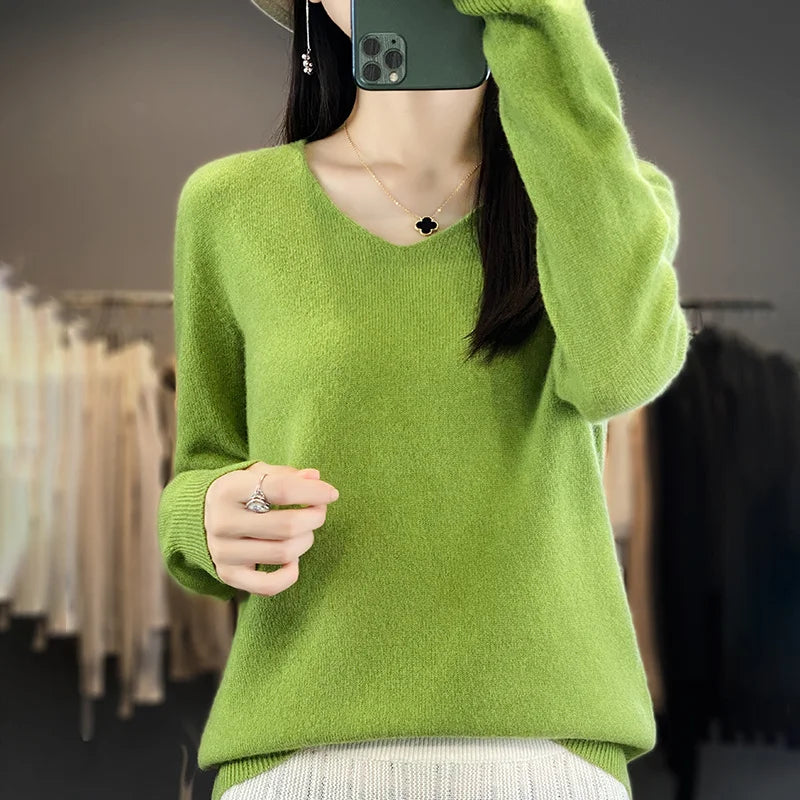100% Merino Wool V-Neck Sweater for Women