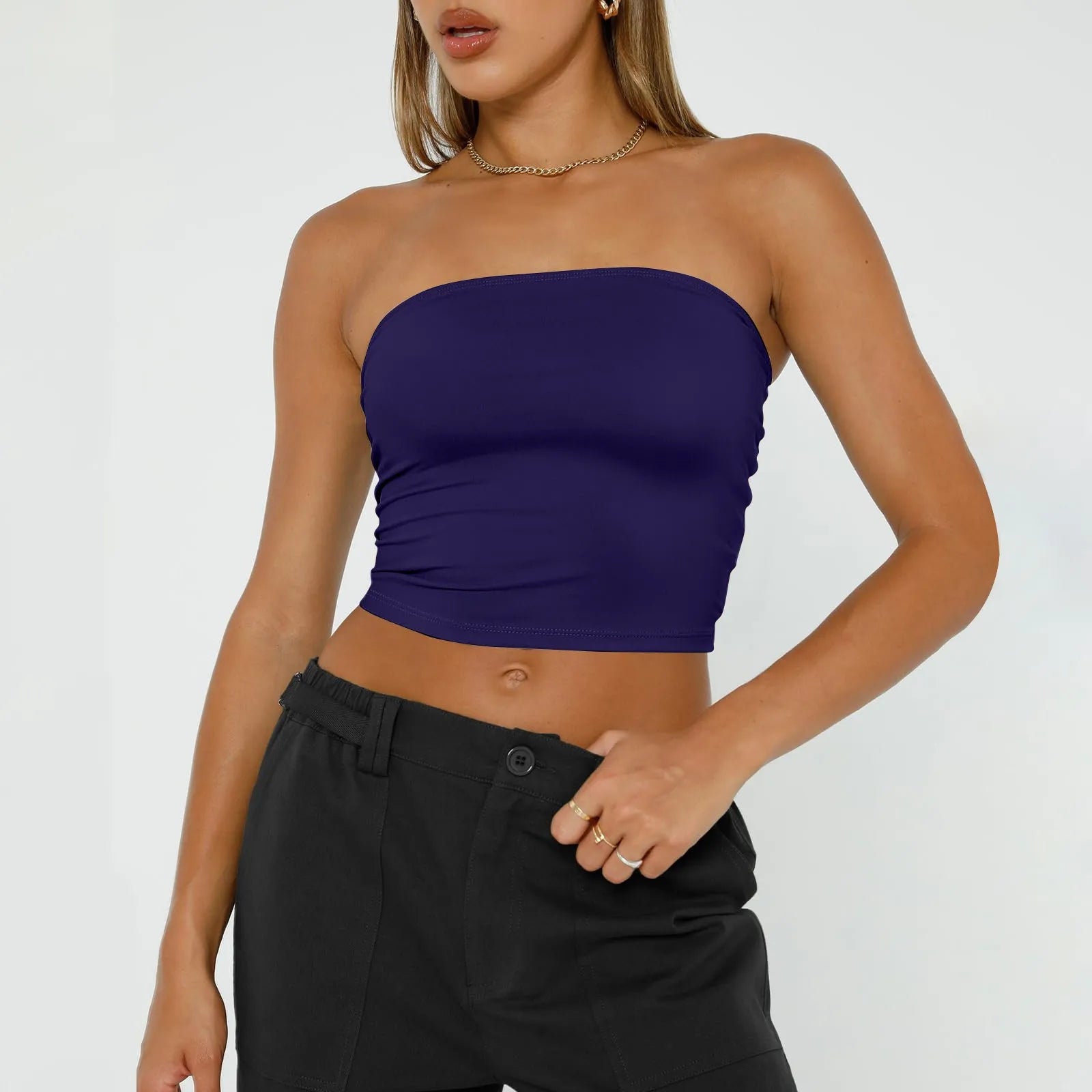 Womens Strapless Crop Tops Basic Backless Sleeveless Bandeau Cute Sexy Tops Trend Street Fashion Classic Solid Tube Tops