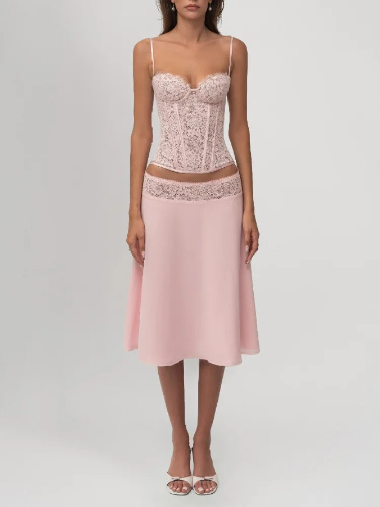Chic Pink Lace Corset Two-Piece Set Women