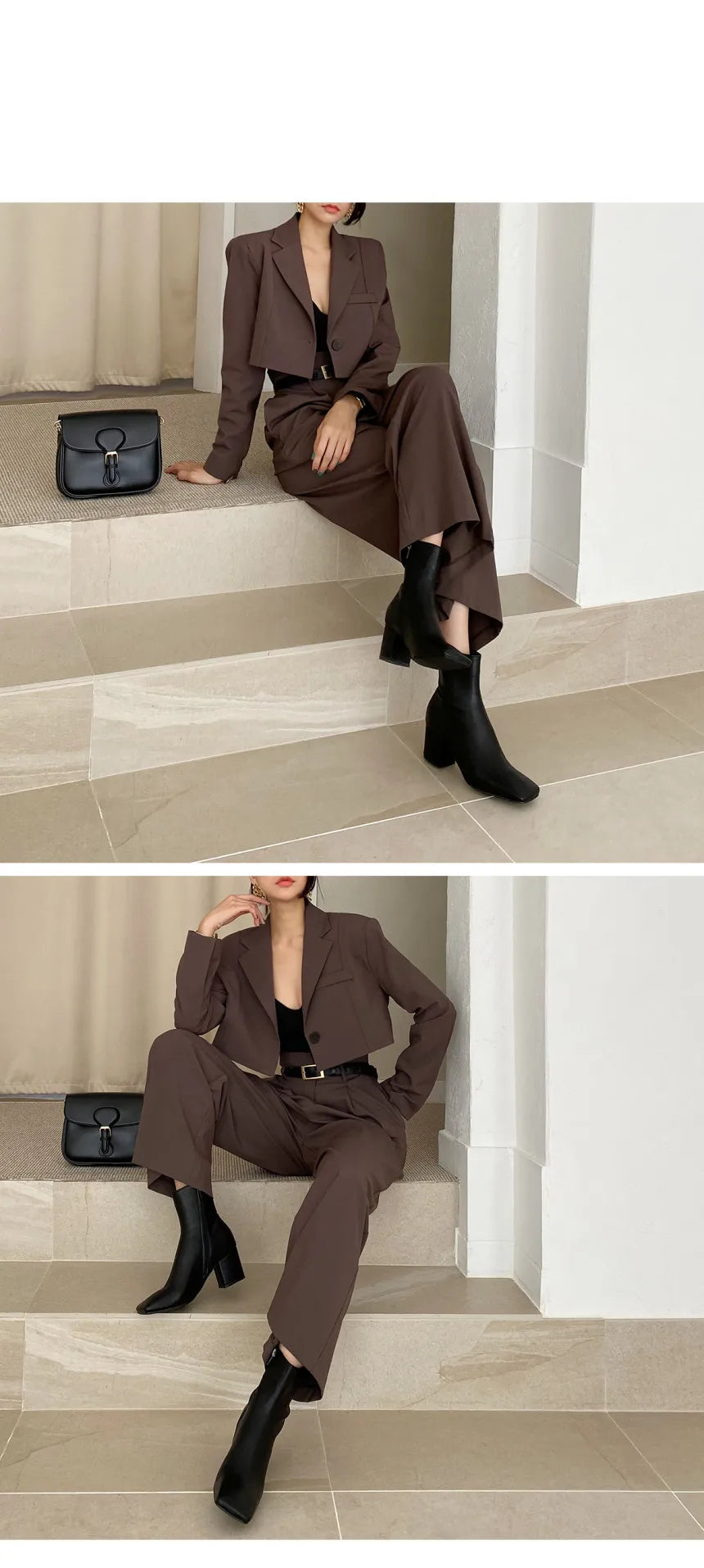 Chic Retro Lapel ort One Button Suit Jaet High Waist Wide Leg Pants