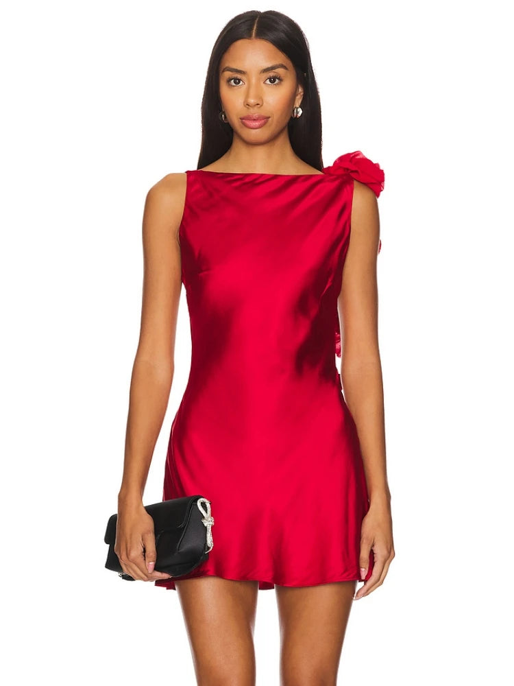 Sexy Sleeveless Flower Draped Design Mini Dress Women Red White Backless Floral Slim Dresses Elegant Evening Club Party Cocktail