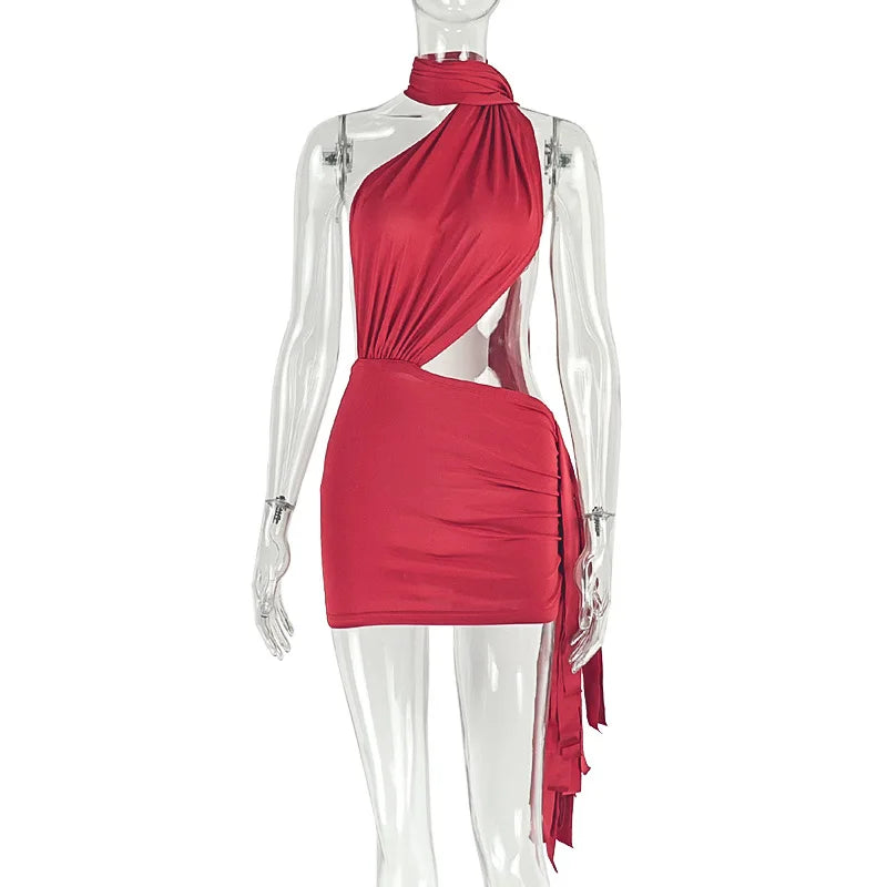 ANJAMANOR Asymmetrical Tassel Halter Backless Mini Dresses