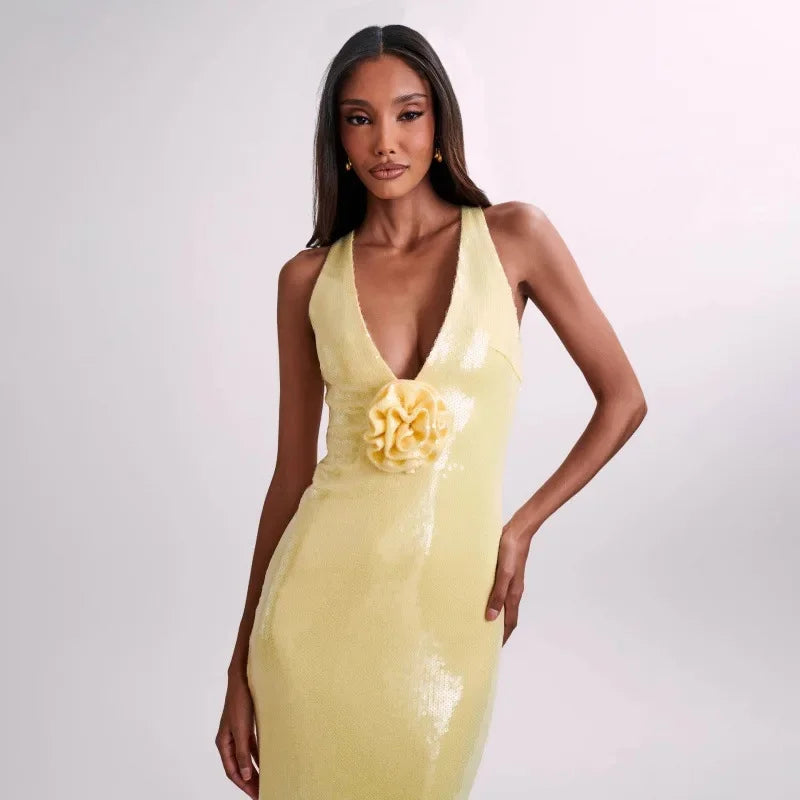 New Hollow out Backless Party Dress Sequin Split Long Skirt Women V Neck Sleeveless Ankle Length Regular Waistline Gown