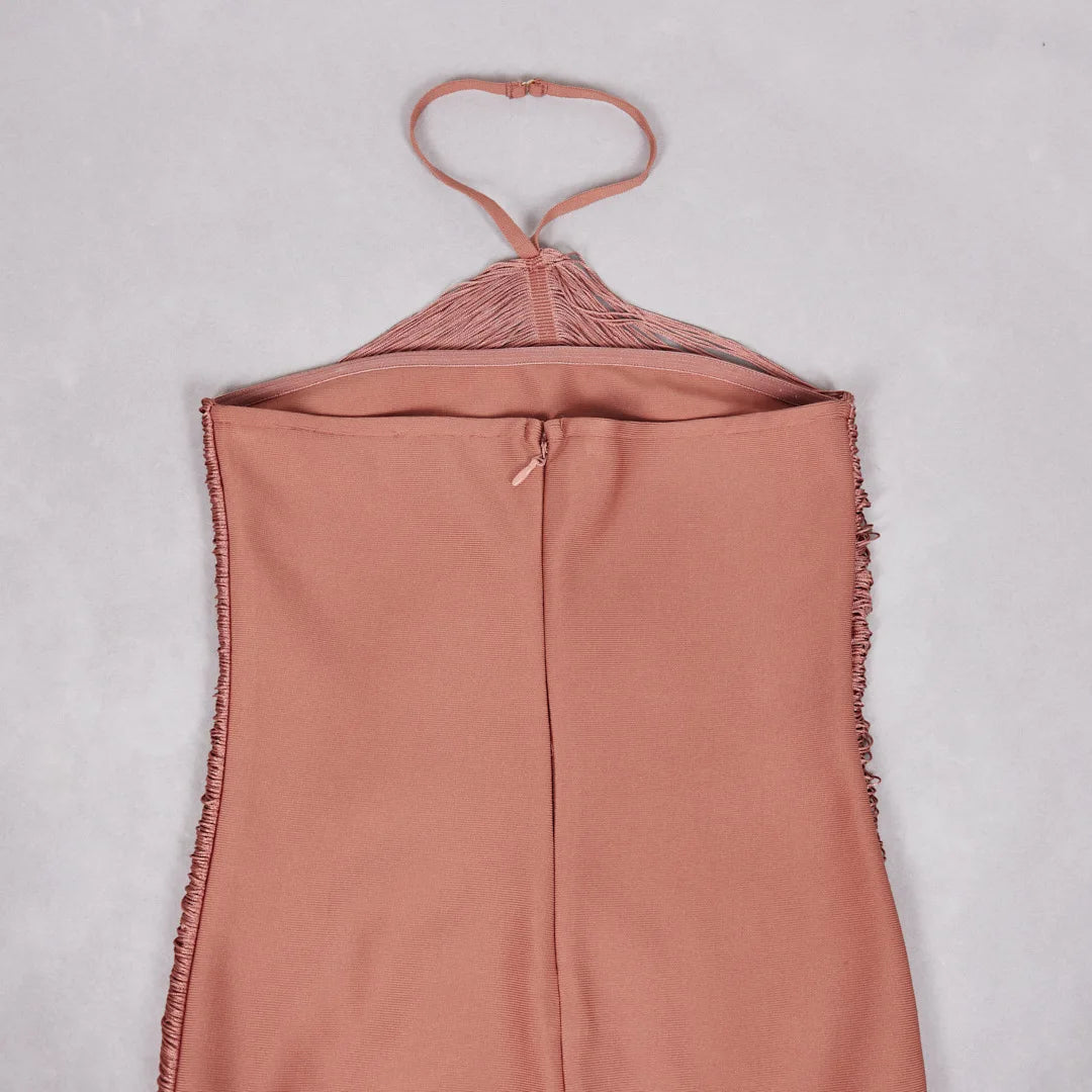 Elegant Bandage Dress Women Black Halterneck Tassel Sleeveless