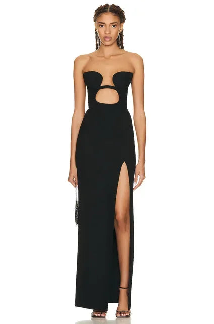 2024 New Summer Black Strapless Long Split Bandage Dress