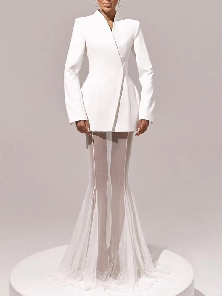 V-neck cinched waist mid-length suit three-piece set for autumn 2025 women's wear + see-through fishtail skirt set + shorts