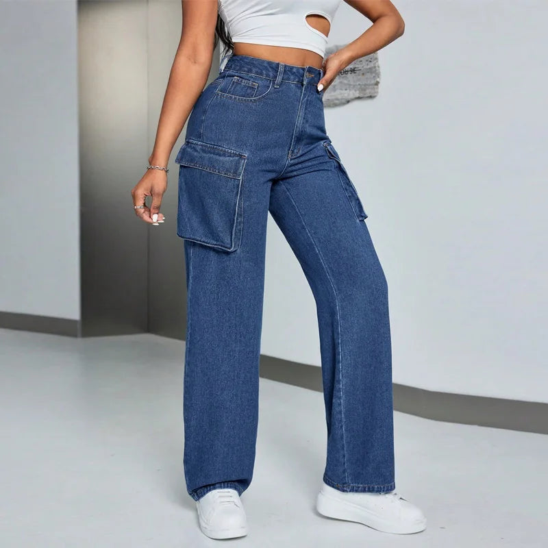 Benuynffy High Waist Multi-pocket Loose Cargo Jeans Women's Streetwear Casual Zipper Fly Washed Straight Leg Denim Pants