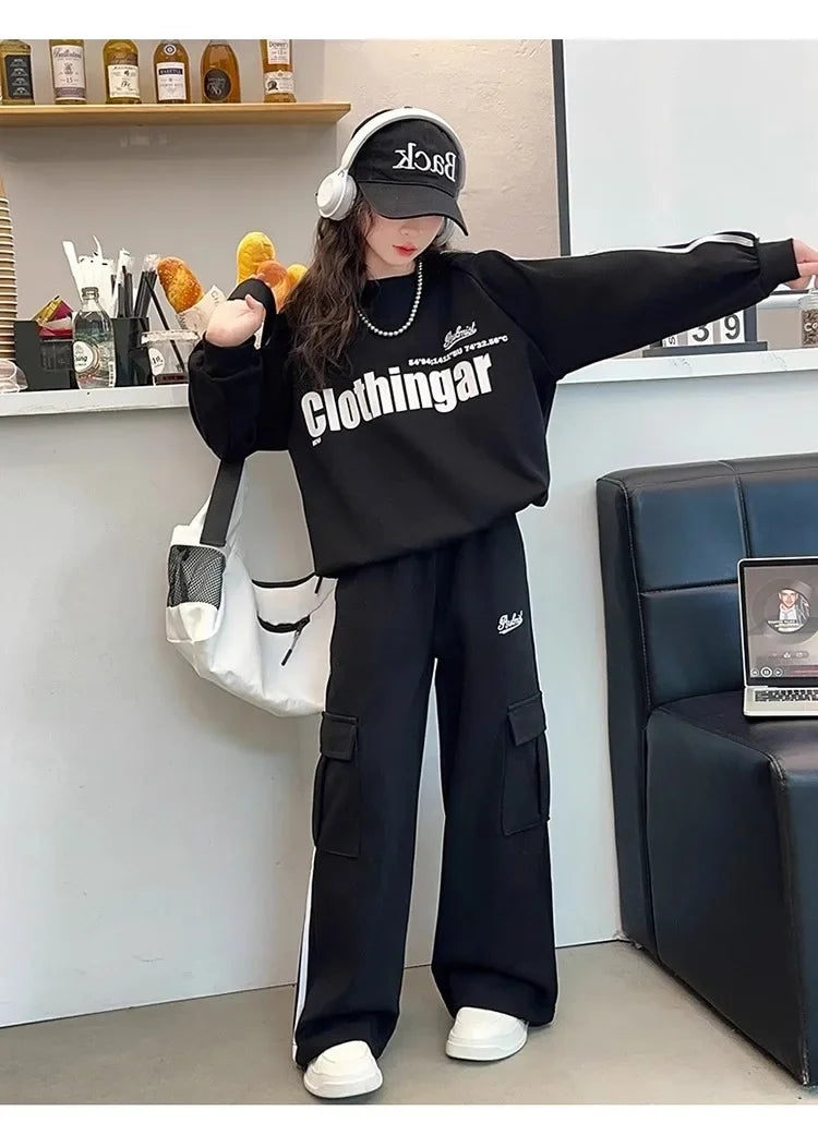 Girls Striped Sweatshirt & Wide Leg Tracksuit