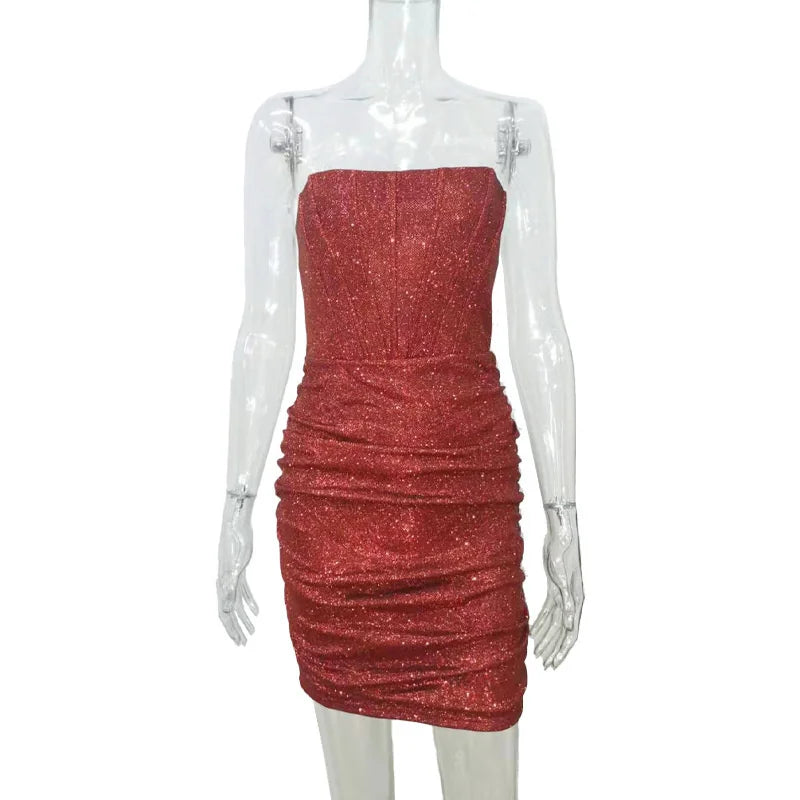 Glitter Sparkle Night Club Party Dress Women 2022 Summer Sexy Bodycon Mini Dresses Strapless Backless Elegant Ruched Vestidos