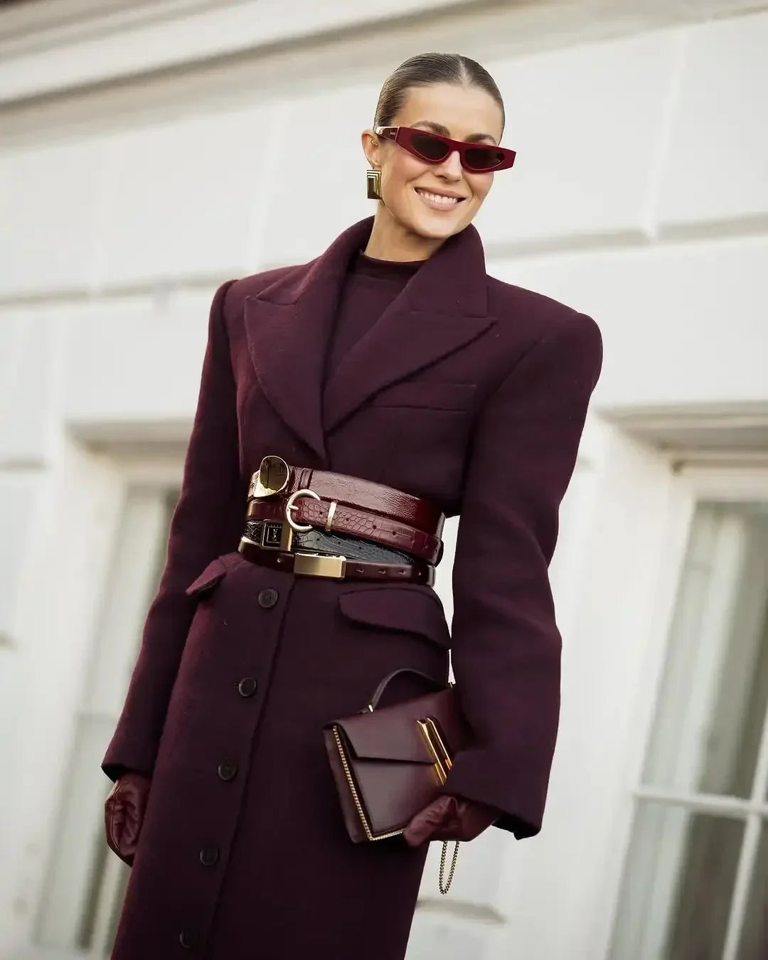 Solid Waist Cinching Woolen Blend Overcoat Women Fashion
