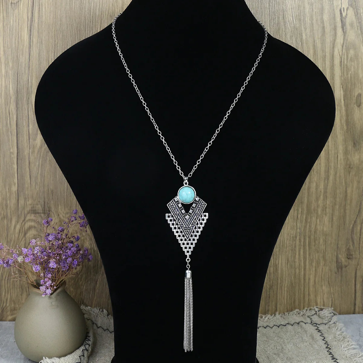 Ethnic Blue Stone Tassel Necklace & Earrings Set