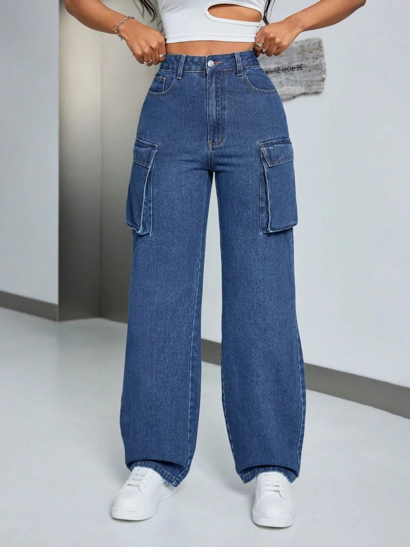 Streetwear Cargo Jeans Autumn Clothing Women High Waist Big Pockets Straight Jeans Female Casual Denim Trousers Basic Jean Pants
