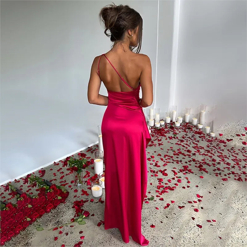 Sexy One Shoulder Satin Long Dress For Women Summer Sleeveless High Split Backless Party Evening Dresses Elegant Cocktail Dress