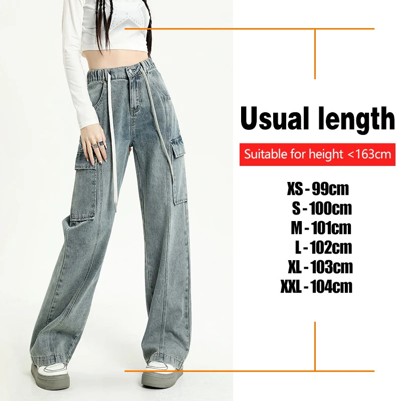 2024 Spring New Vintage Jeans Women's Elastic Waist Fashion Straight Drawstring Baggy Y2k Cargo Pants Streetwear