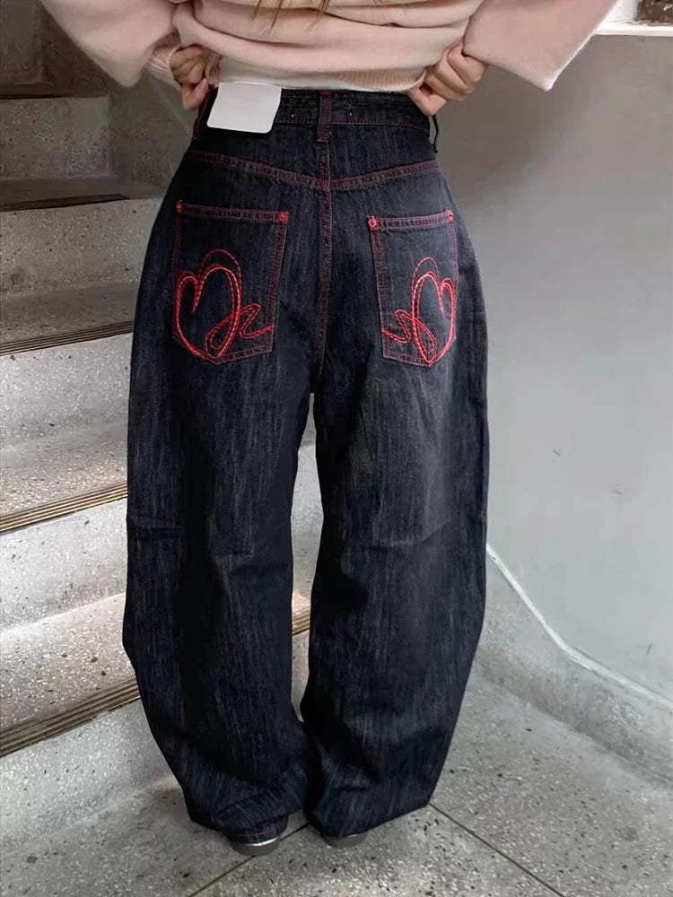 High Waist Wide Leg Red Stitching Jeans