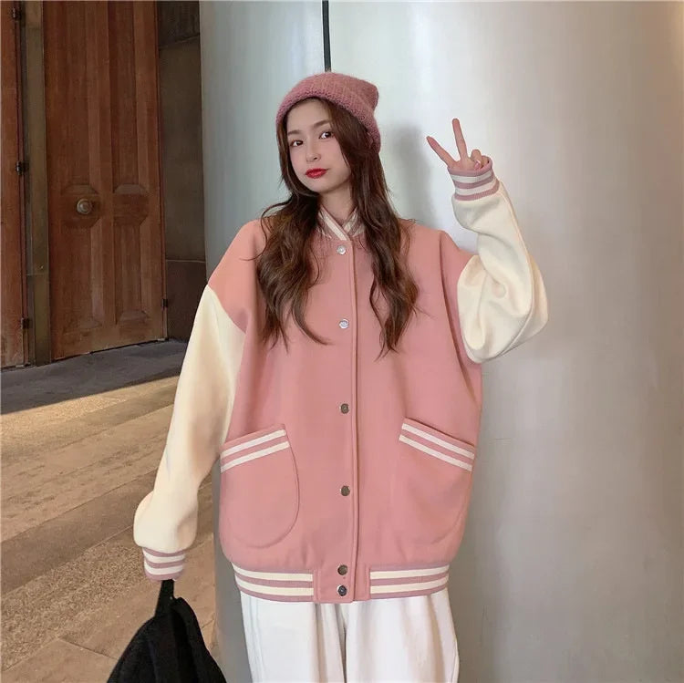 Fleece-Lined Korean Style Baseball Jacket