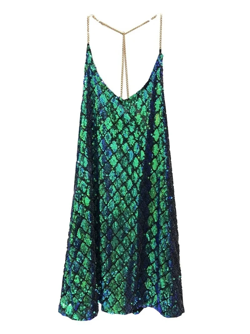 Sexy Dresses Party Night Club Dress 2024 Dress Summer Metal Hanging Neck Sequins Backless Holiday Skirt with Shoulder-straps