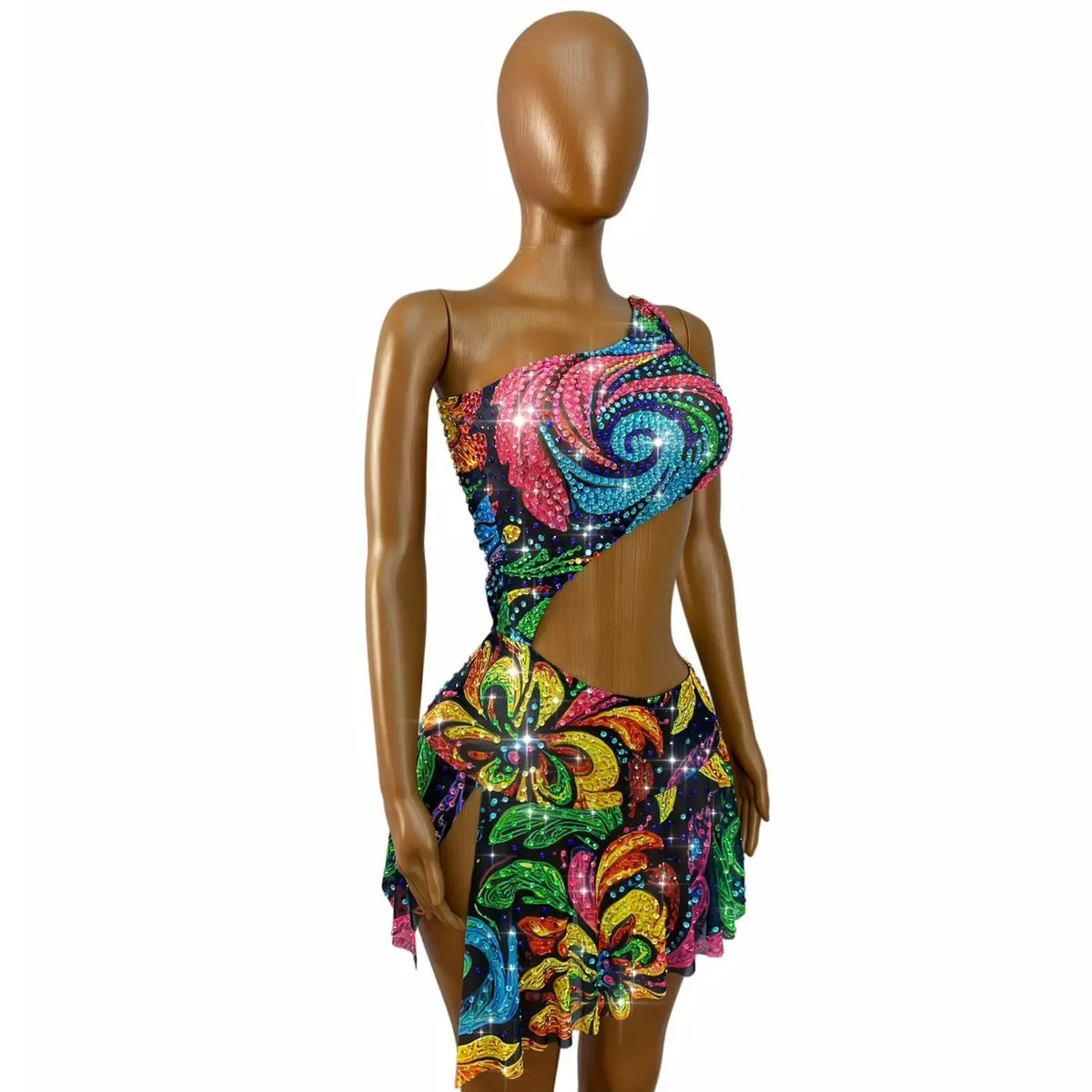 Xingyunhua Women Sparkly Multicolor Swirl Floral Rhinestone MeshDress