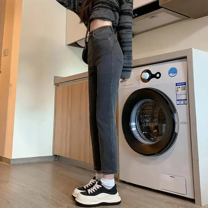 Charcoal Grey High-Waist Straight-Leg Jeans