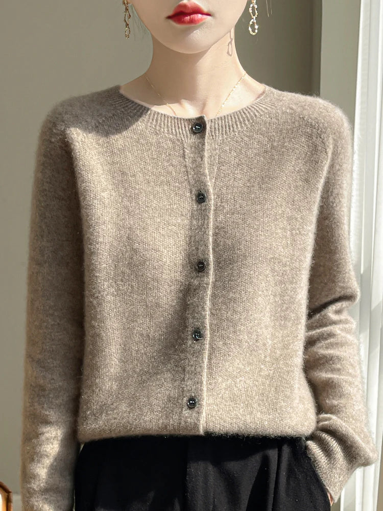 ADDONEE Women's Merino Wool O-Neck Cardigan