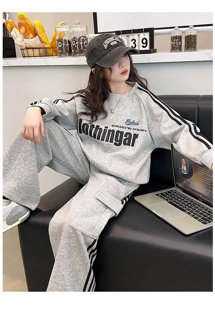 Girls Striped Sweatshirt & Wide Leg Tracksuit