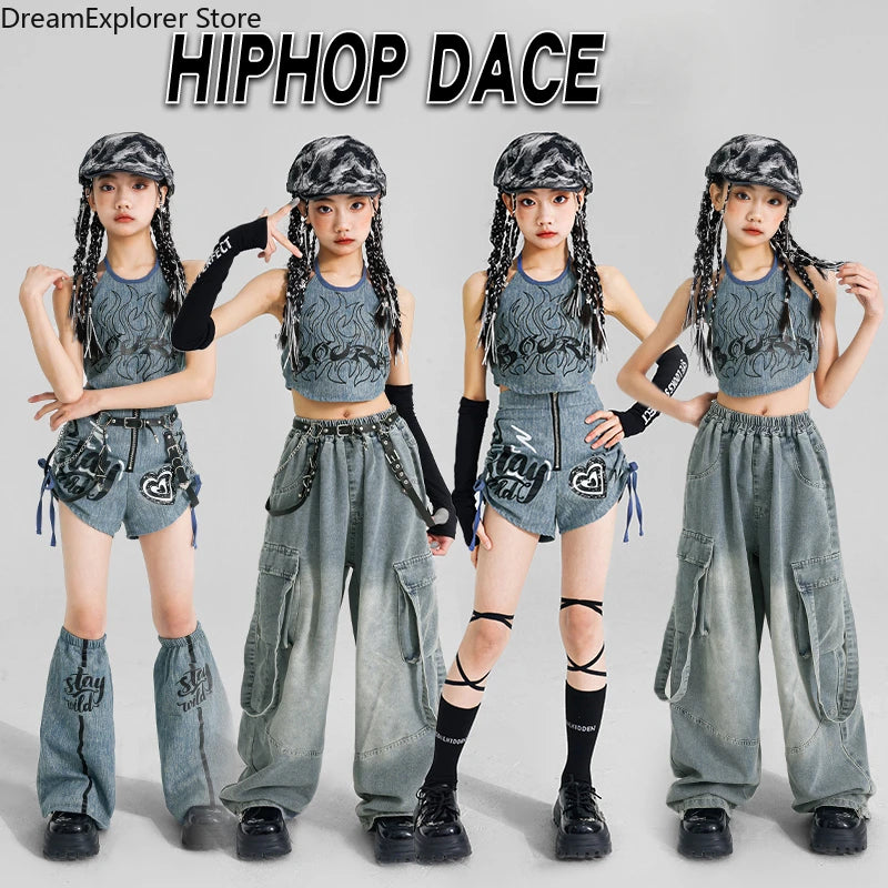 K-pop Girls' Denim Crop Top & Cargo Jeans Set