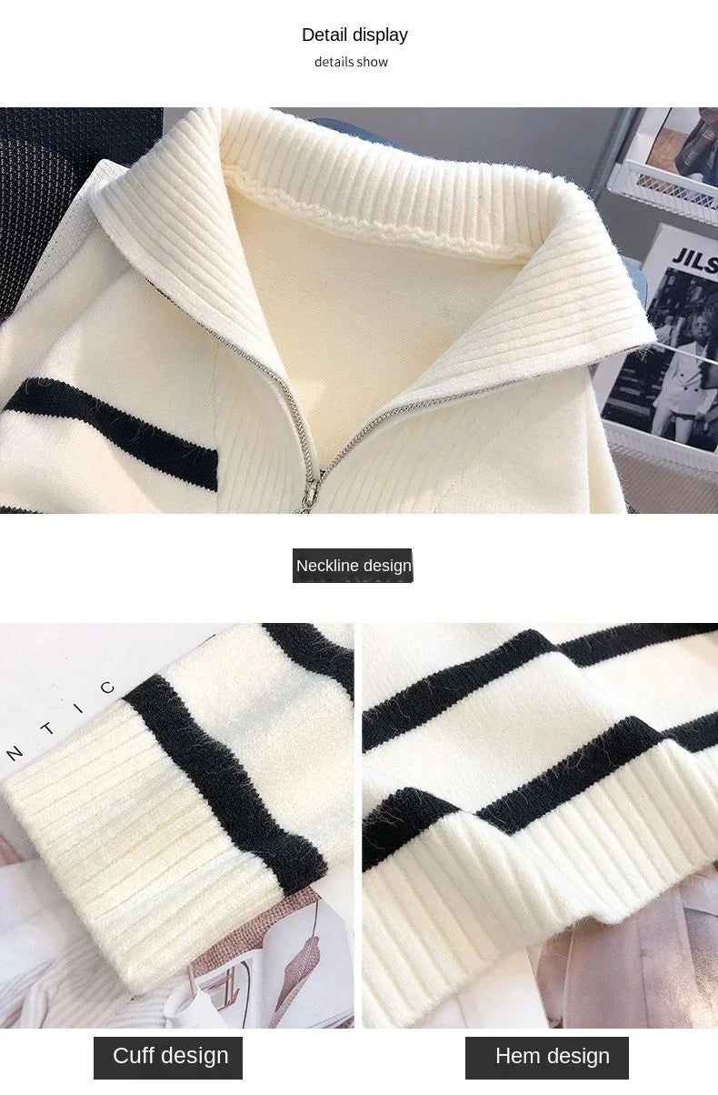 Spring & Autumn Zipper Stripe Sweater for Women
