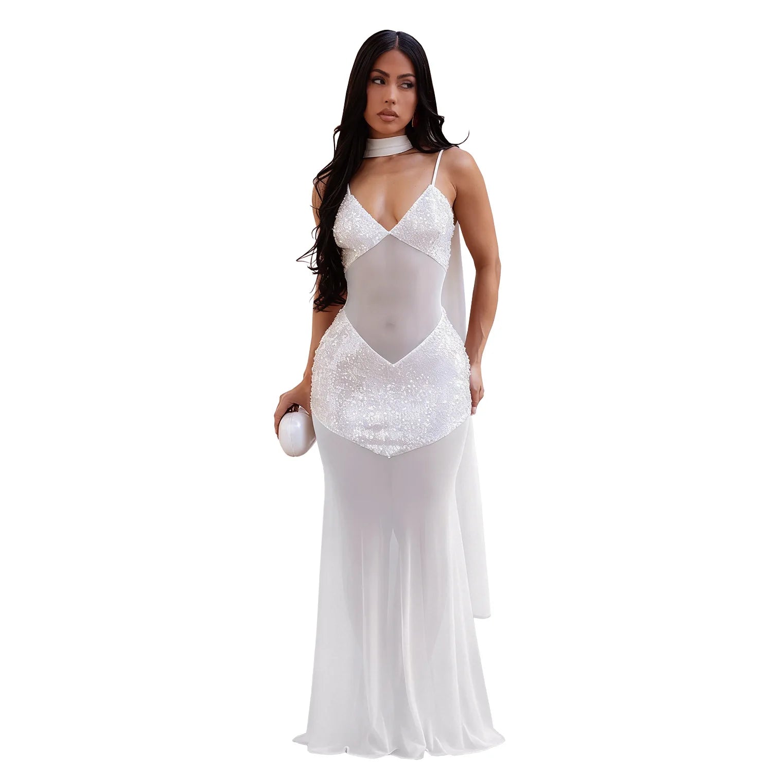 CM.YAYA Women Sleeveless Strap V-neck Mesh Sequin Long Maxi Dress