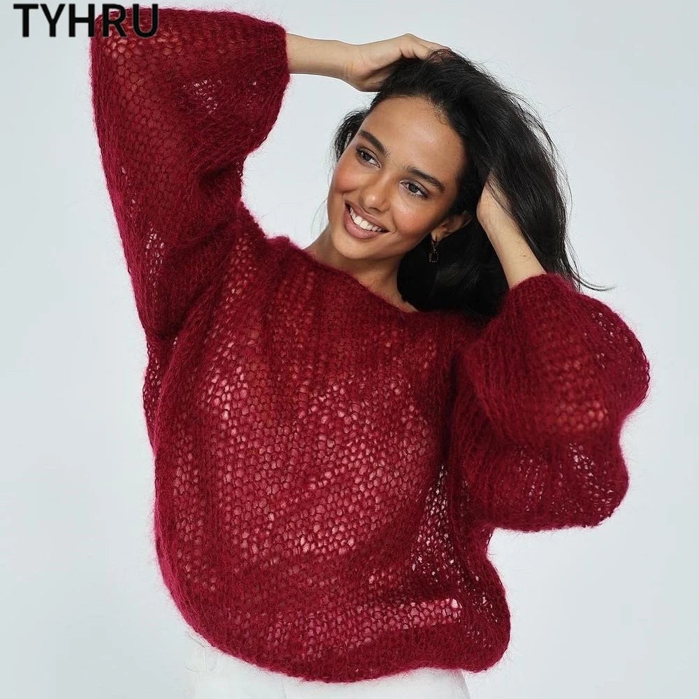 Women’s Hollow Out Mesh Lantern Sleeve Sweater