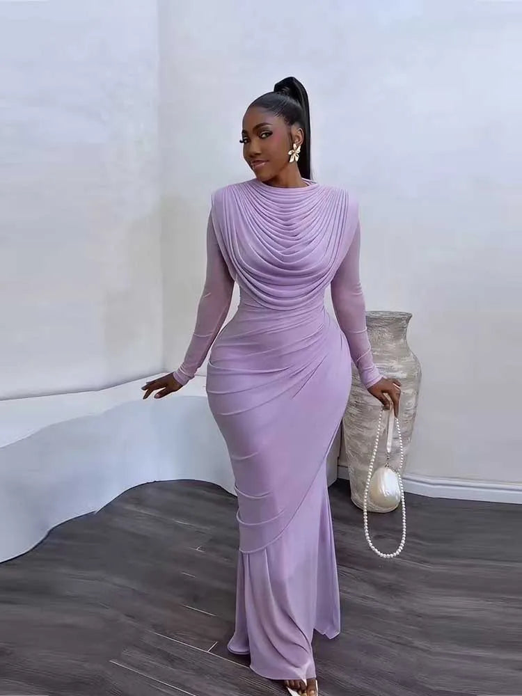 Chic and Elegant Women's Evening Dress Mesh Draped Collar Long Sleeve Bodycon