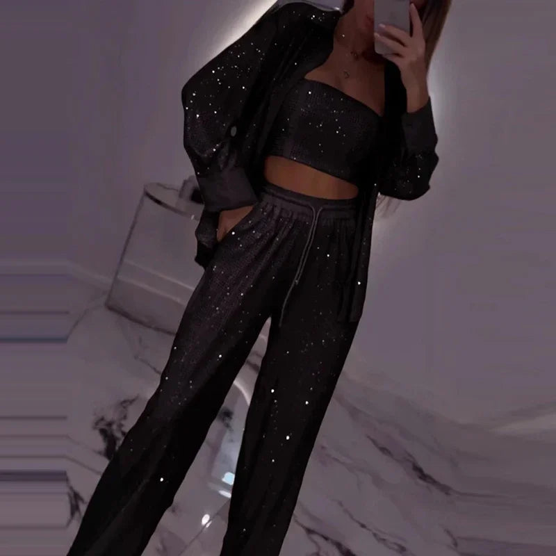 Sexy Sequins Shiny Three Piece Set Womens Strapless