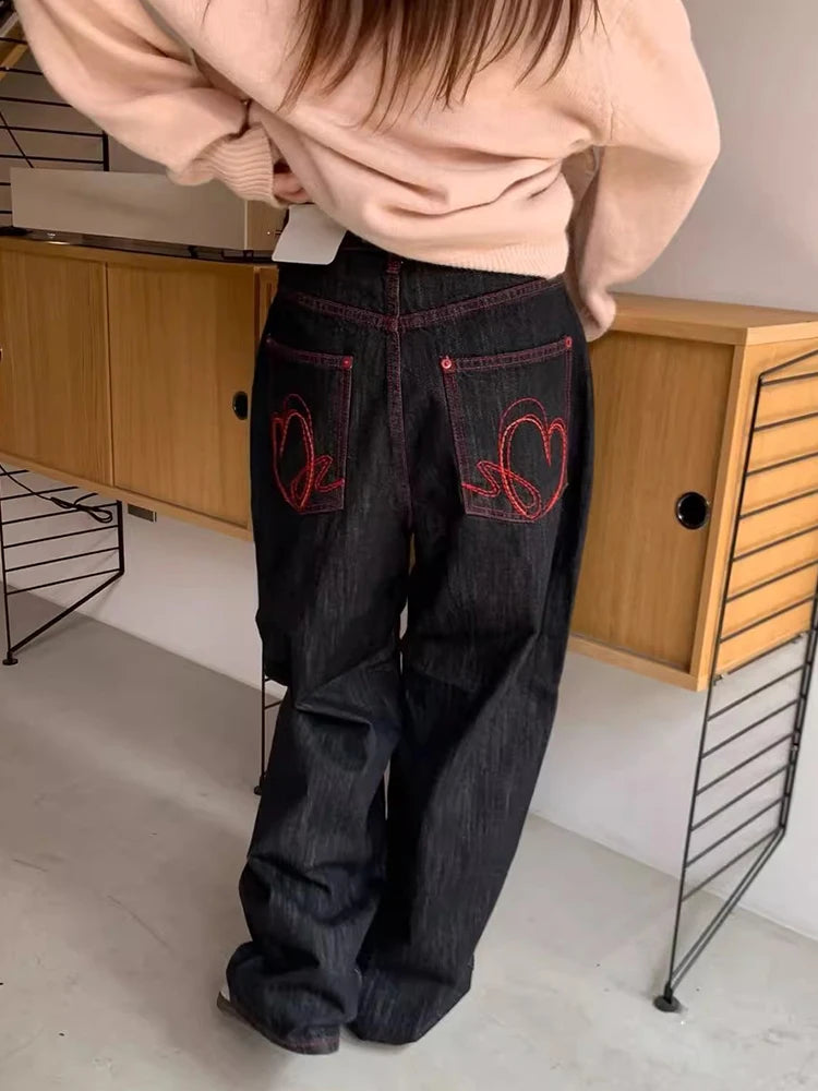 High Waist Wide Leg Red Stitching Jeans