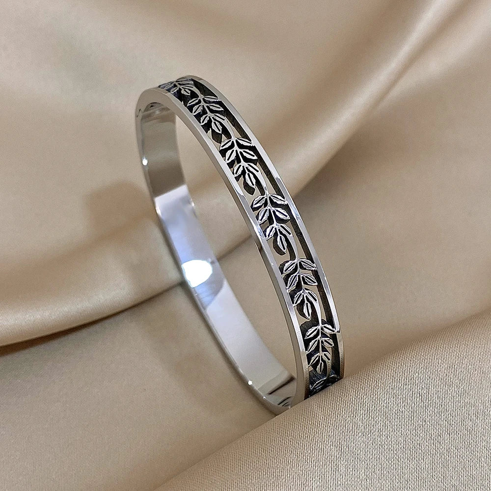 Vintage Greek Laurel Leaves Stainless Steel Bangle