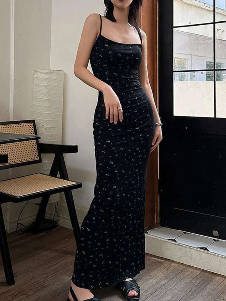 Women Summer Sexy Bodycon Dress Lady Sexy Spaghetti Strap Sleeveless Split Sheath Floral Dress Maxi Black Vestidos