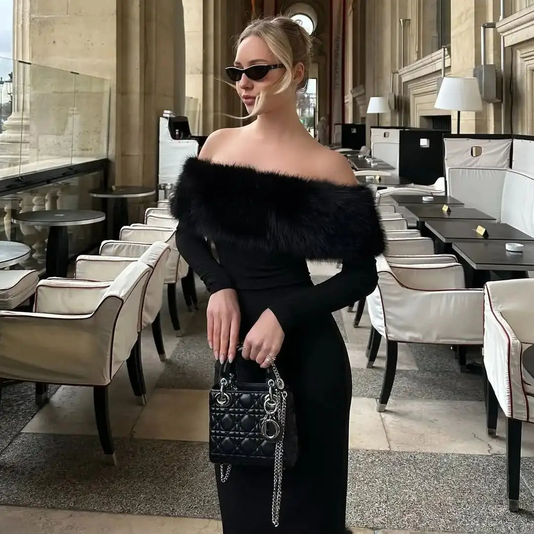 Ofherown Elegant Off Shoulder Black Midi Evening Dress