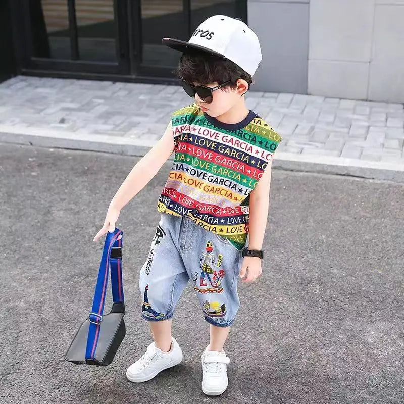 Boys Loose Cartoon Printed Jean Shorts