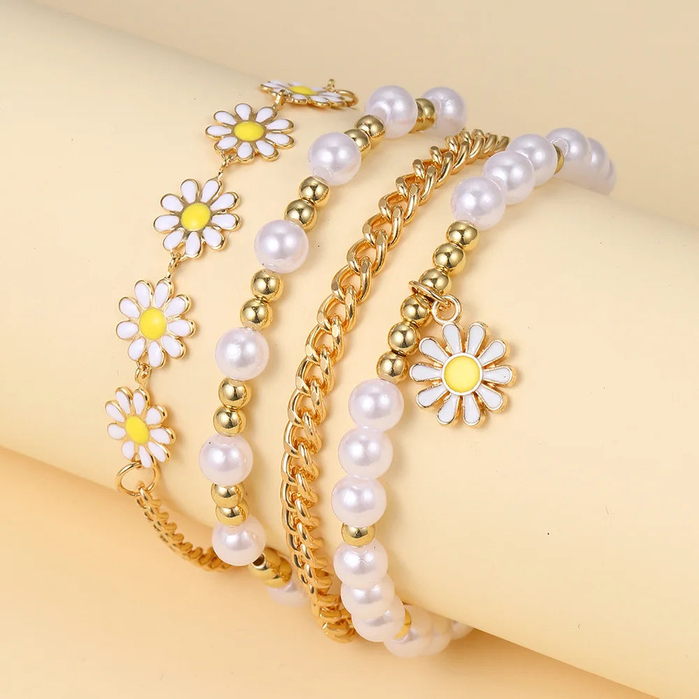 4pcs Vintage Daisy Flower & Pearl Bracelet Set