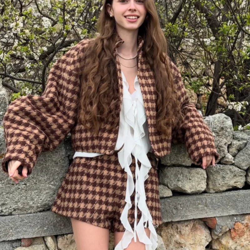 2025 Spring Retro Plaid Women Sets Casual Chic Full Sleeve