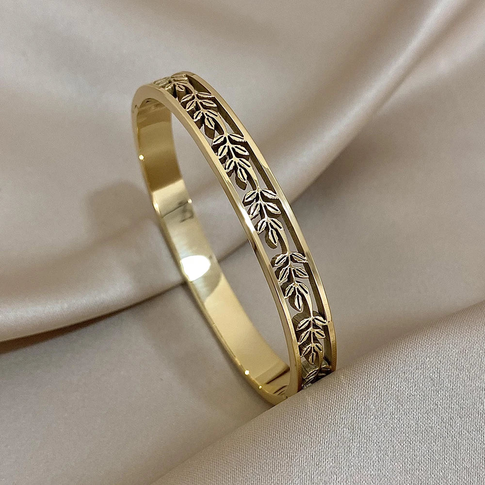 Vintage Greek Laurel Leaves Stainless Steel Bangle
