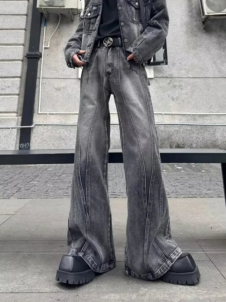 2025 Trashy Y2K Streetwear Washed Grey Baggy Stacked Flare Jeans Pants Men 90S Vintage Clothes Hip Hop Luxury Male Long Trousers