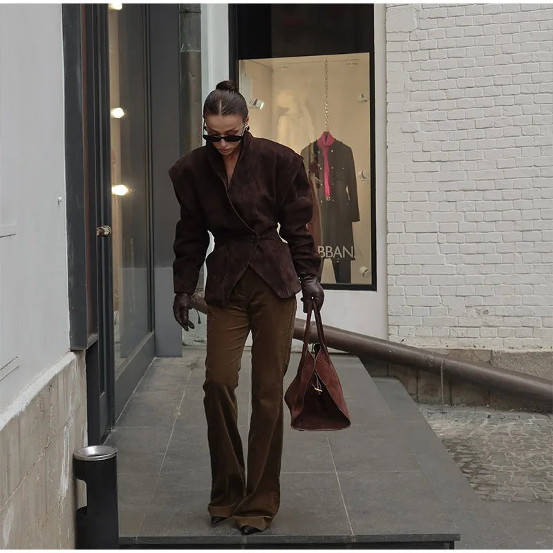 Brown Single Breasted Suede Jacket Women's Fashion