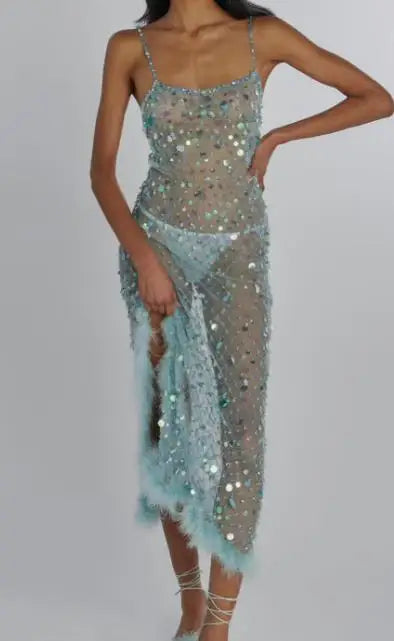 New Fashion Women Sheer Dress Spaghetti Straps Backless Sequins See-through Slit Dress Summer Long Dress Club Street Style S M L