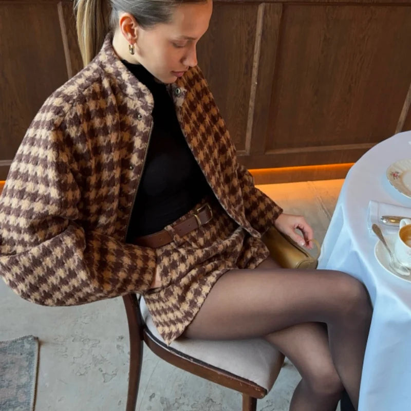 2025 Spring Retro Plaid Women Sets Casual Chic Full Sleeve